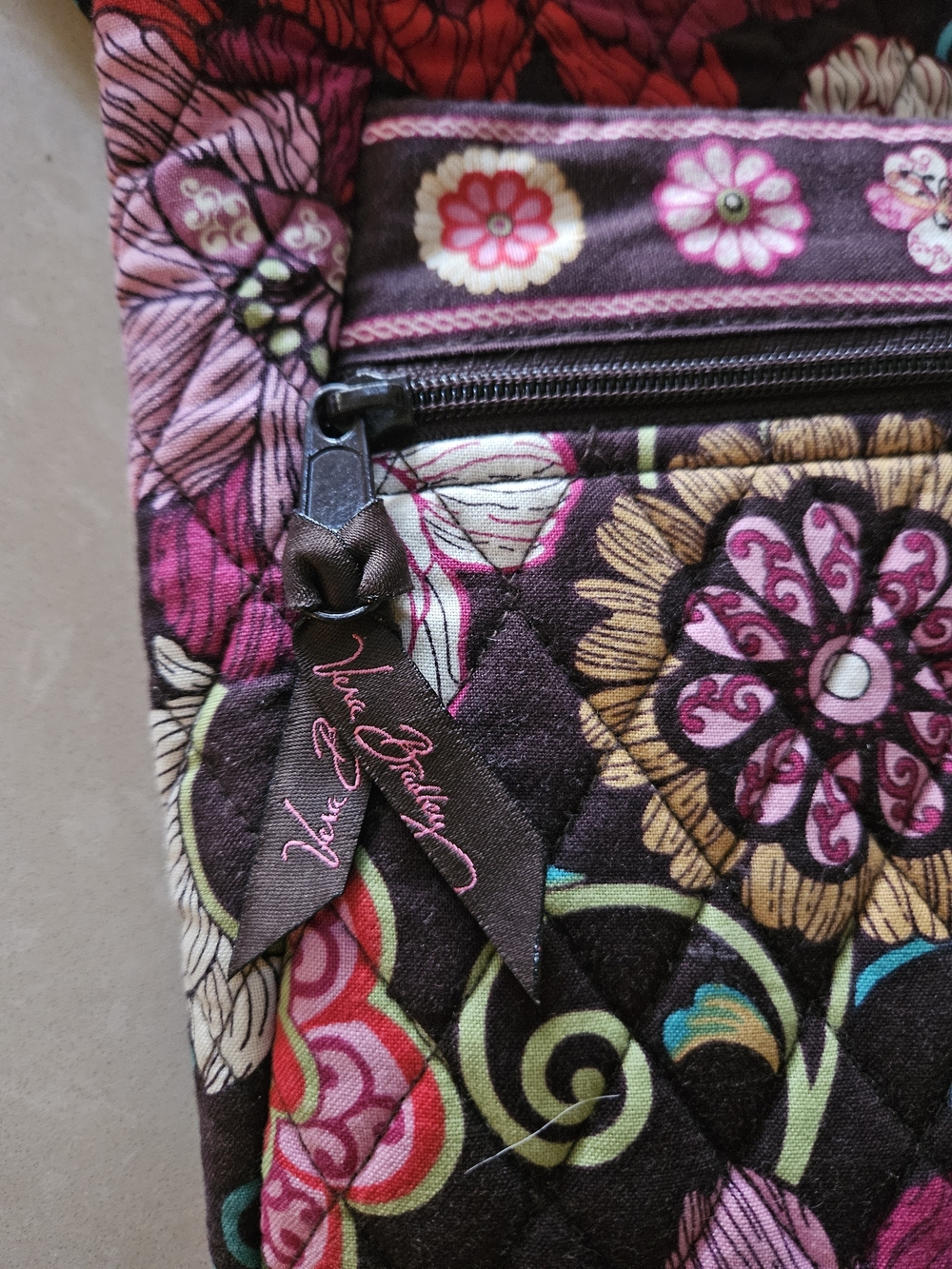 Vera Bradley Brown Floral Quilted Crossbody with Pink Accents